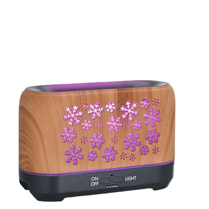 Snowflake Humidifier features a wooden design with purple snowflake patterns, enhancing home ambiance and air quality.