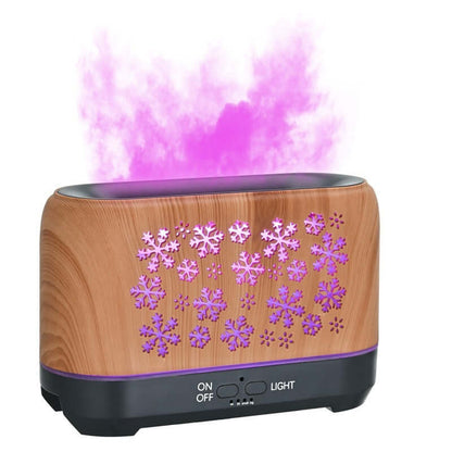 Snowflake Humidifier with a wooden finish and colorful mist, designed to enhance air quality and ambiance.