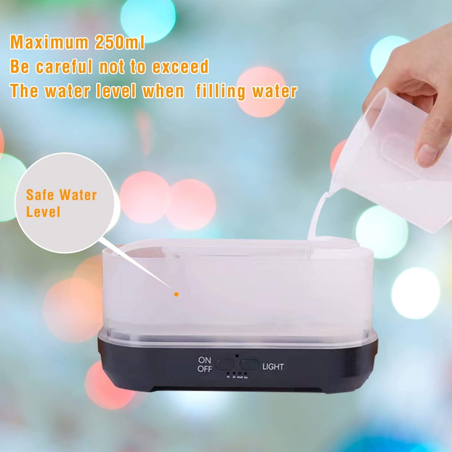 Person pouring water into Snowflake Humidifier with water level instructions, showcasing its easy refill design.