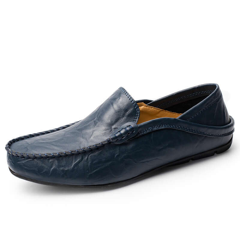 Blue Soft Bottom Leather Loafers with round head toe for a classic and casual look, perfect for any outfit.