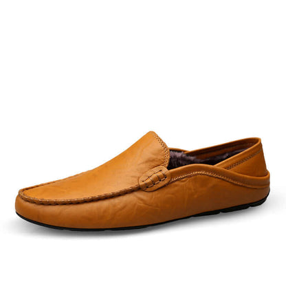 Yellow Brown Soft Bottom Leather Loafers with round toe, showcasing casual design and premium craftsmanship.