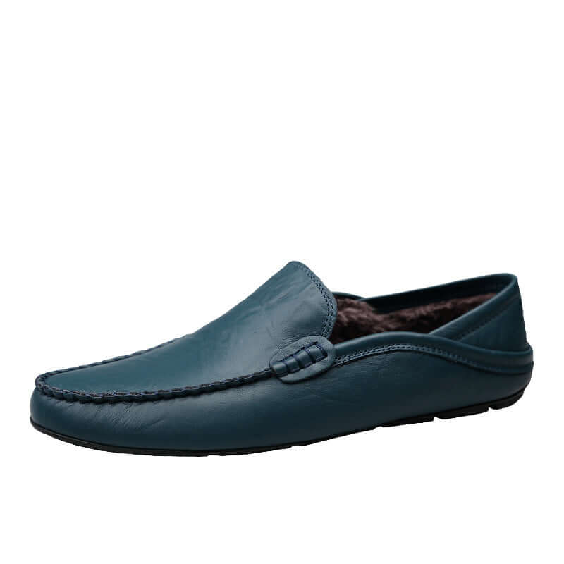 Blue Soft Bottom Leather Loafers with classic round toe design, perfect for a stylish, casual look. Available in five colors.