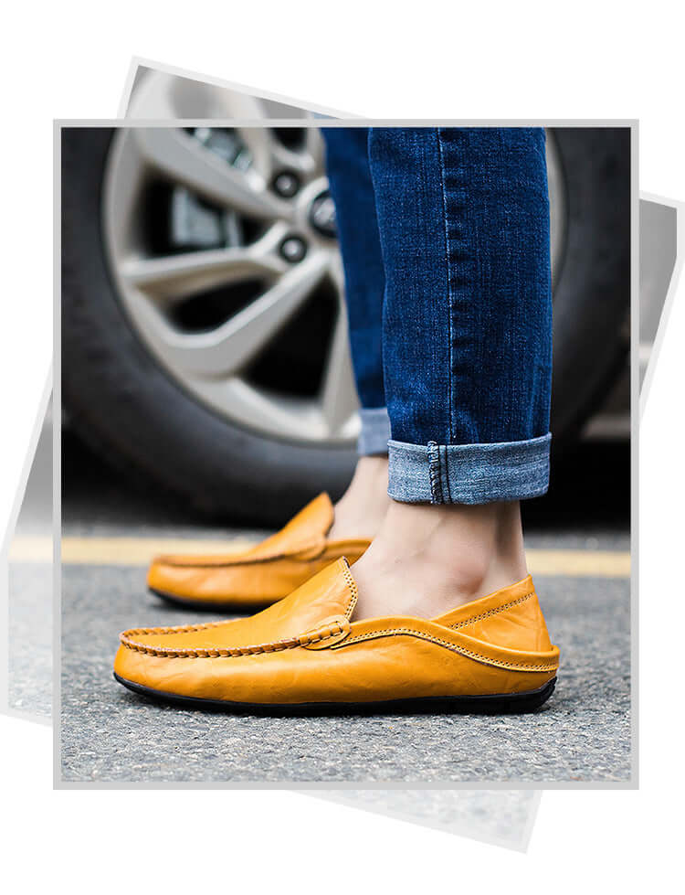 Yellow Brown Soft Bottom Leather Loafers - casual boutique shoes on street, showcasing premium craftsmanship and comfort.
