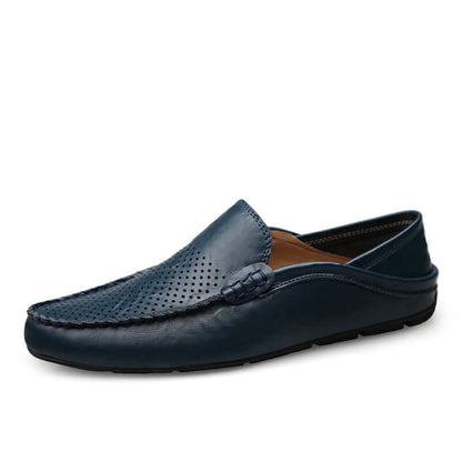 Blue soft bottom leather loafers with a perforated design, perfect for casual wear. Available in Black, Red Brown, Yellow Brown, and White.