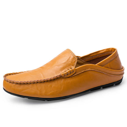 Yellow Brown Soft Bottom Leather Loafers with round toe and casual design