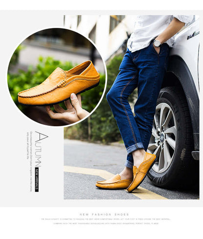 Soft Bottom Leather Loafers in yellow brown, showcased outdoors with casual jeans, highlighting comfort and style.