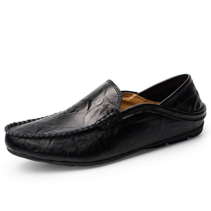 Black Soft Bottom Leather Loafers with round toe design, perfect for stylish and comfortable casual wear.