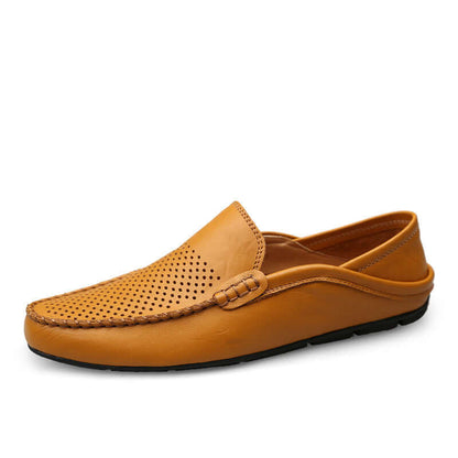 Yellow Brown Soft Bottom Leather Loafers with perforated design, showcasing casual elegance and premium craftsmanship.