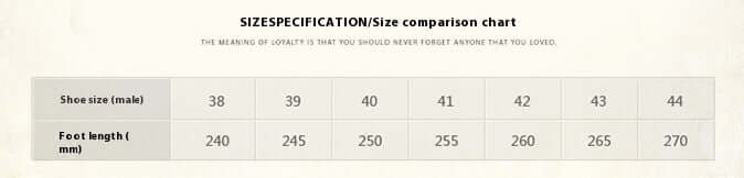 Shoe size comparison chart showing EU sizes 38-44 and foot length in mm for Soft Bottom Leather Loafers from 240mm to 270mm.