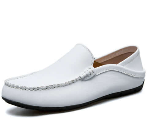 White Soft Bottom Leather Loafers with round toe holder, perfect for casual style and comfort.