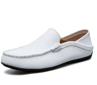 White Soft Bottom Leather Loafers with round toe holder, perfect for casual style and comfort.