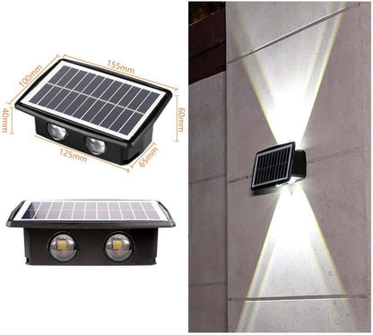 Solar Exterior Wall Light showcasing dual LED features and solar panel for eco-friendly outdoor illumination.