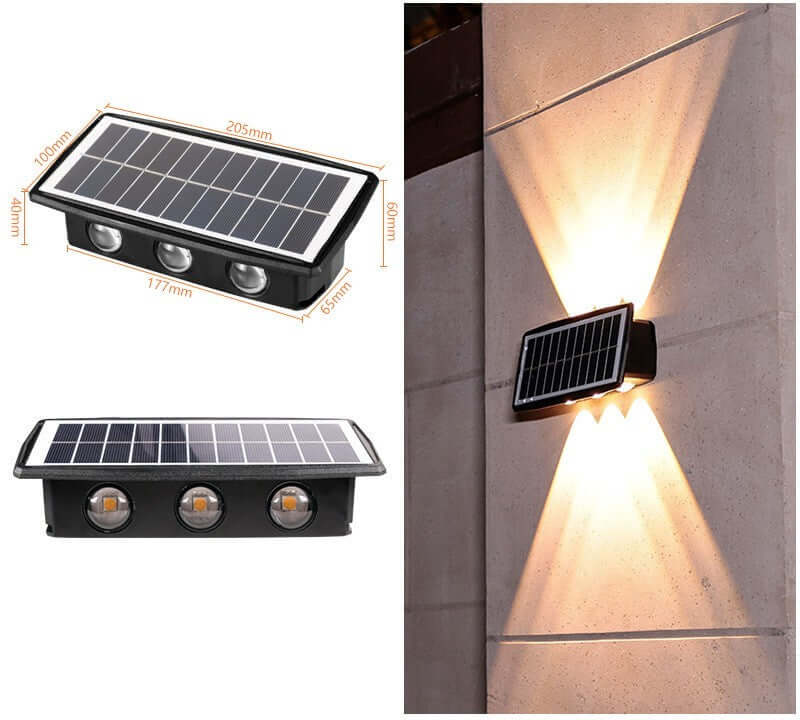 Solar Exterior Wall Light showcasing solar panel and illumination effects on a wall, perfect for outdoor decor.