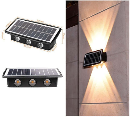 Solar Exterior Wall Light showcasing solar panel and illumination effects on a wall, perfect for outdoor decor.