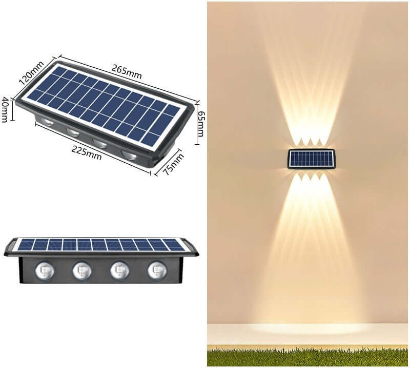 Solar Exterior Wall Light showcasing solar panel design and illuminating outdoor space elegantly.