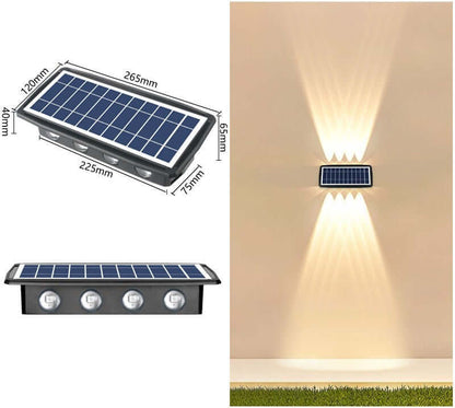Solar Exterior Wall Light showcasing solar panel design and illuminating outdoor space elegantly.