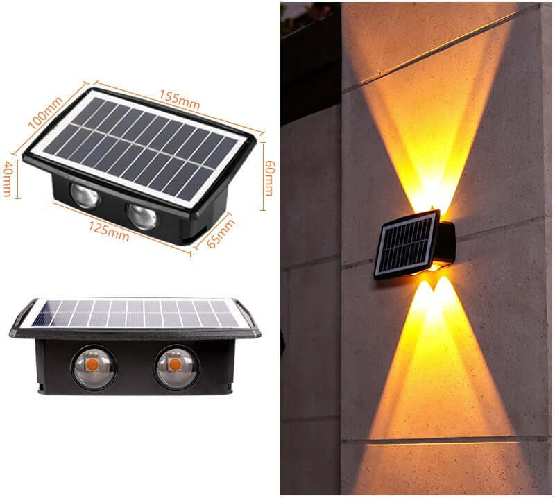 Solar Exterior Wall Light showcasing solar panels and warm glowing illumination on a wall.