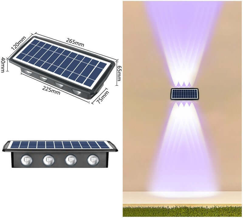 Solar Exterior Wall Light showcasing dimensions and illumination design for eco-friendly outdoor lighting.