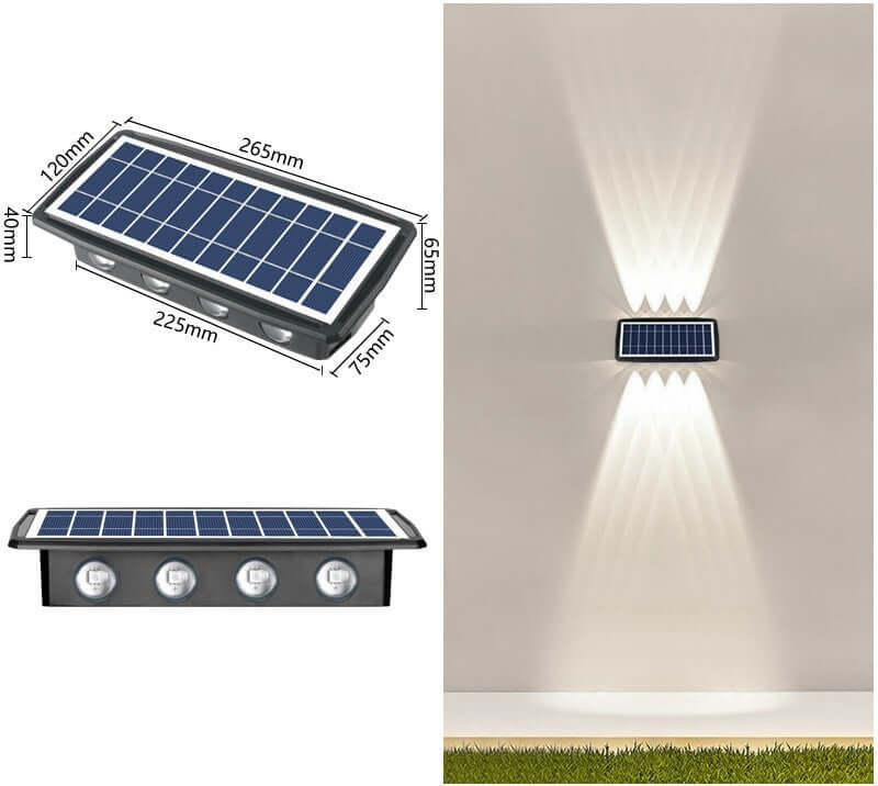 Solar Exterior Wall Light showcasing solar panels and wall-mounted illumination for eco-friendly outdoor lighting.