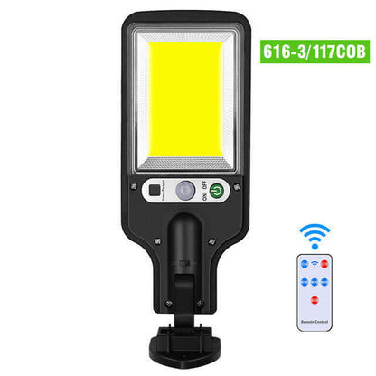 Solar Led Wall Lamp with remote control, designed for efficient outdoor lighting, showcasing model 616-3/117COB for enhanced brightness.