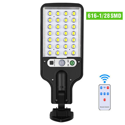 Solar LED wall lamp with remote control, ideal for sustainable outdoor lighting. Model 616-1/28 SMD featured in image.