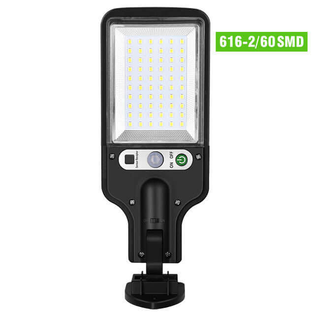 Solar Led Wall Lamp with 60 SMD lights, featuring an on/off switch and green power button for efficient outdoor illumination.