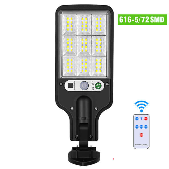 Solar LED wall lamp with remote control and 72 SMD lights, ideal for outdoor illumination and eco-friendly lighting solutions.