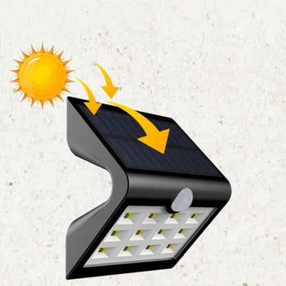 Solar Powered Outdoor Wall Lighting with sunlight icon for efficient energy use and illumination.