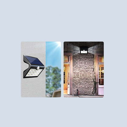 Solar Powered Outdoor Wall Lighting displayed on a wall, showcasing its design and illumination in an outdoor setting.