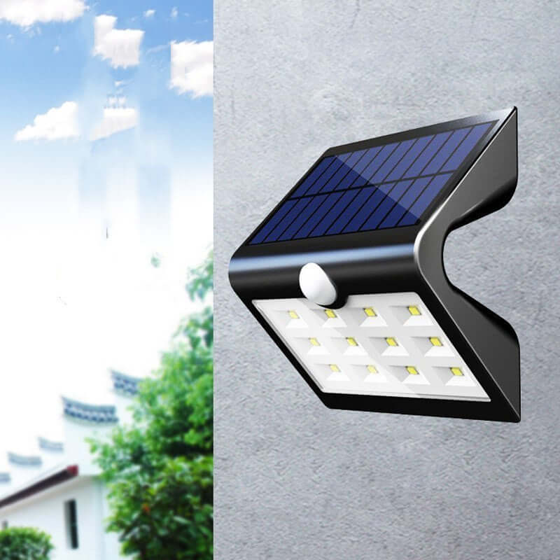 Solar powered outdoor wall lighting mounted on a wall, showcasing eco-friendly illumination.