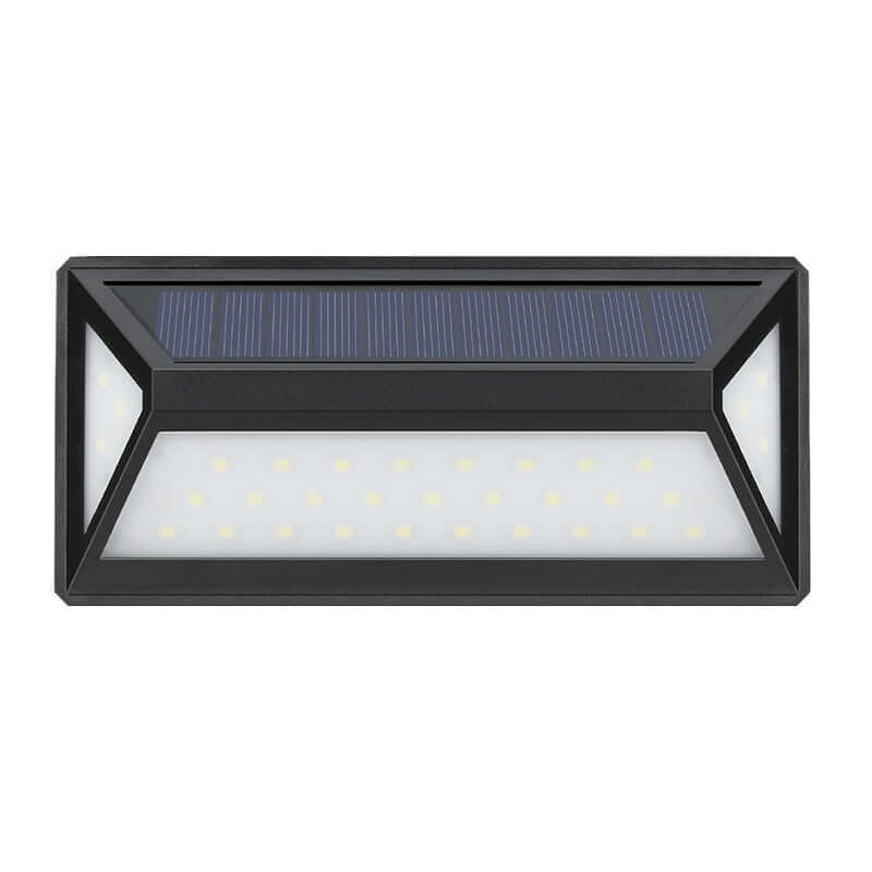 Solar Powered Wall Light in sleek black design, ideal for outdoor illumination and eco-friendly energy efficiency.