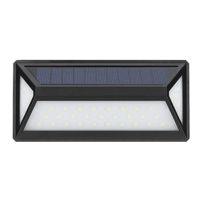 Solar Powered Wall Light in sleek black design, ideal for outdoor illumination and eco-friendly energy efficiency.