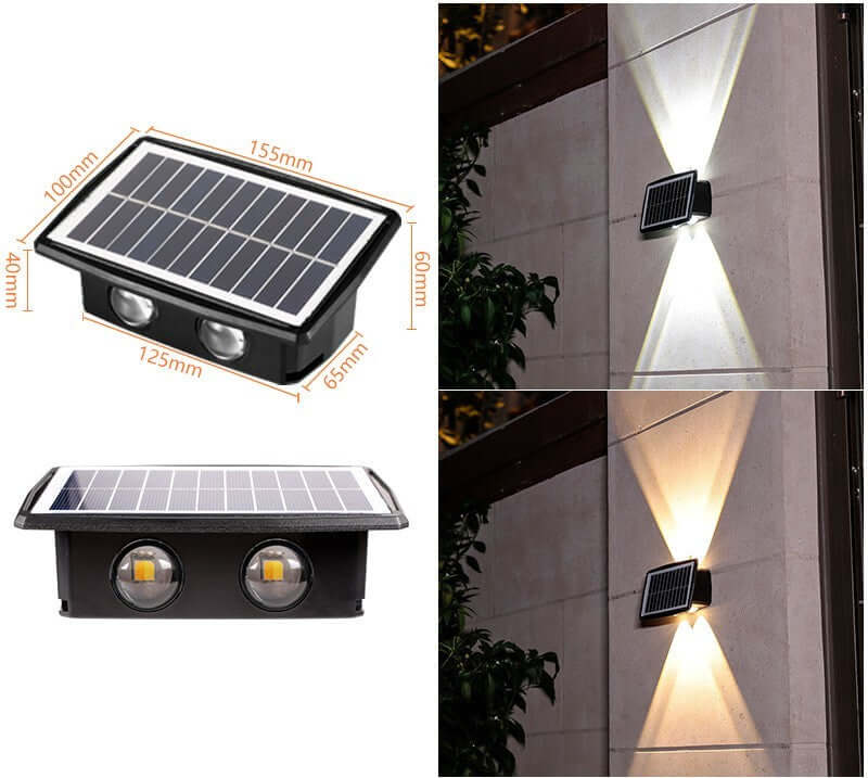 Solar Exterior Wall Light showcasing bright illumination with solar panel design for outdoor spaces.
