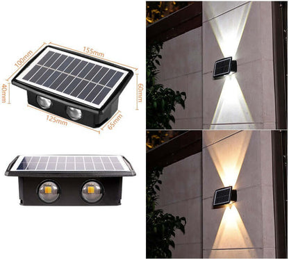 Solar Exterior Wall Light showcasing bright illumination with solar panel design for outdoor spaces.