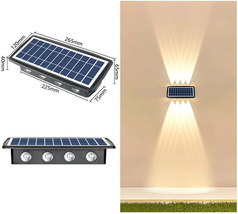 Solar Exterior Wall Light showcasing solar panels and illumination effect on a wall, perfect for eco-friendly outdoor lighting.
