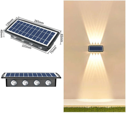 Solar Exterior Wall Light showcasing solar panels and illumination effect on a wall, perfect for eco-friendly outdoor lighting.