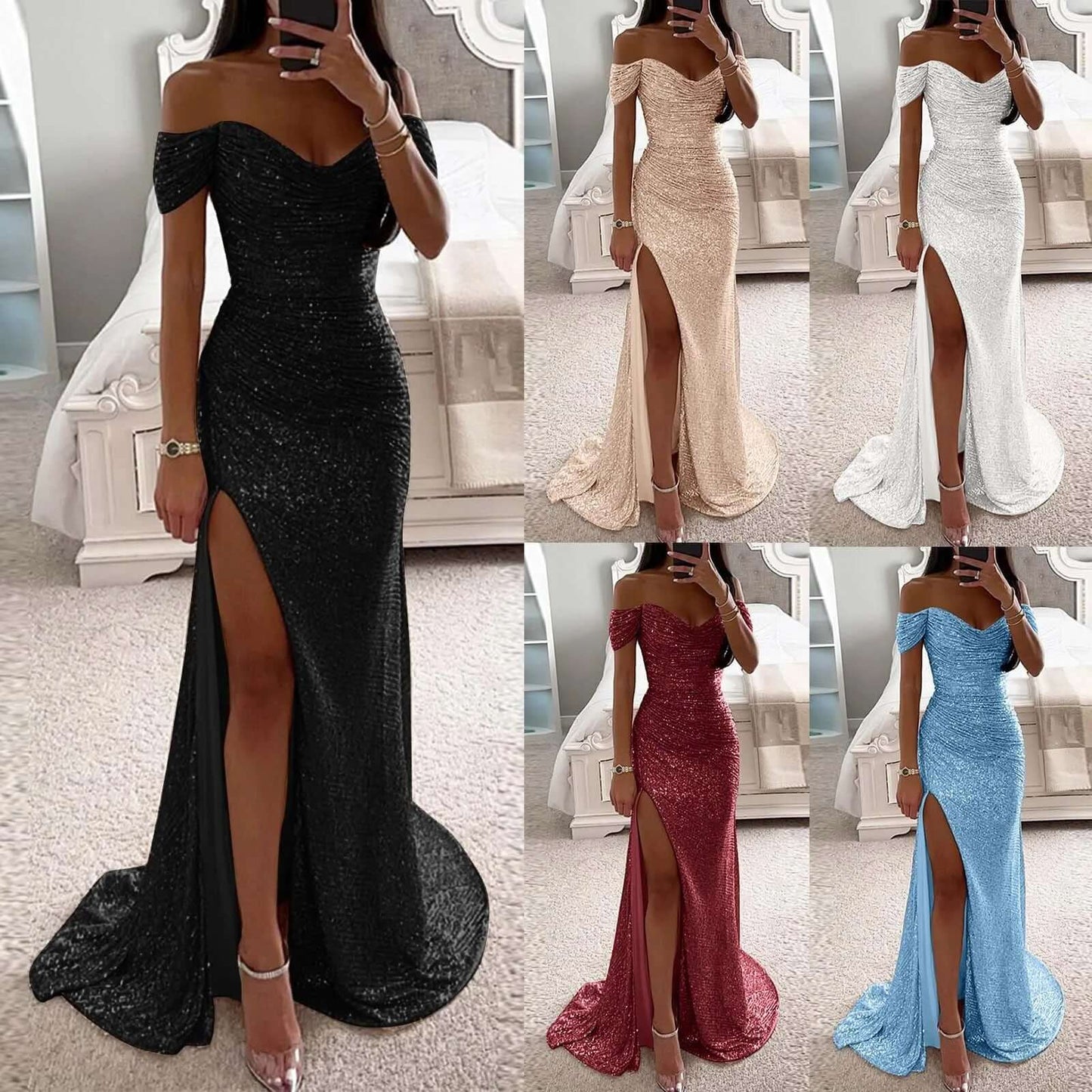 Sparkling Slit Maxi Dress in black, rose, blue, and silver colors, showcasing a high slit for elegant evening occasions.