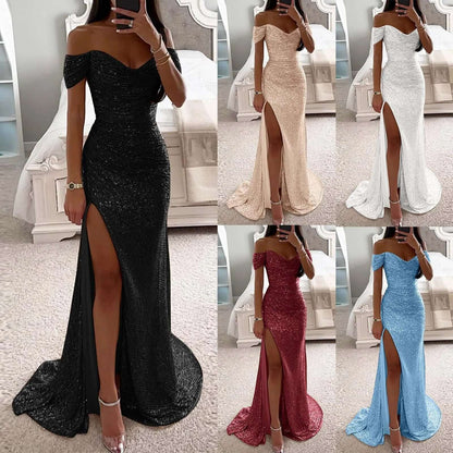 Sparkling Slit Maxi Dress in black, rose, blue, and silver colors, showcasing a high slit for elegant evening occasions.