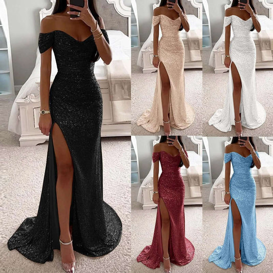 Sparkling Slit Maxi Dress in black, rose, blue, and silver colors, showcasing a high slit for elegant evening occasions.