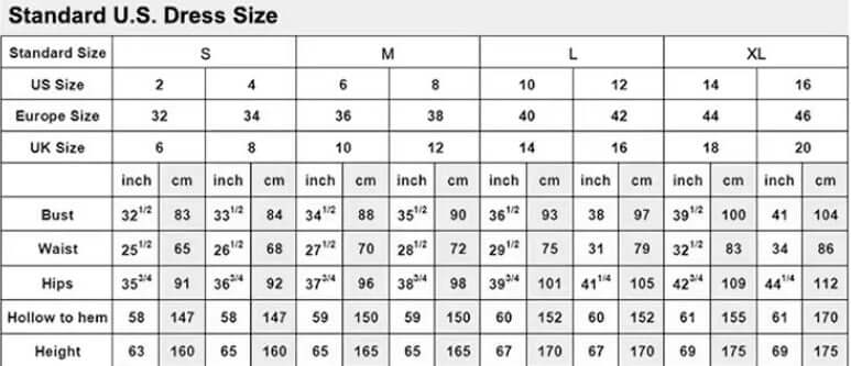 US dress size chart with bust, waist, hips, hollow to hem, and height measurements for sizes S to XL.