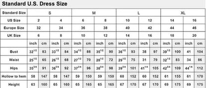 US dress size chart with bust, waist, hips, hollow to hem, and height measurements for sizes S to XL.