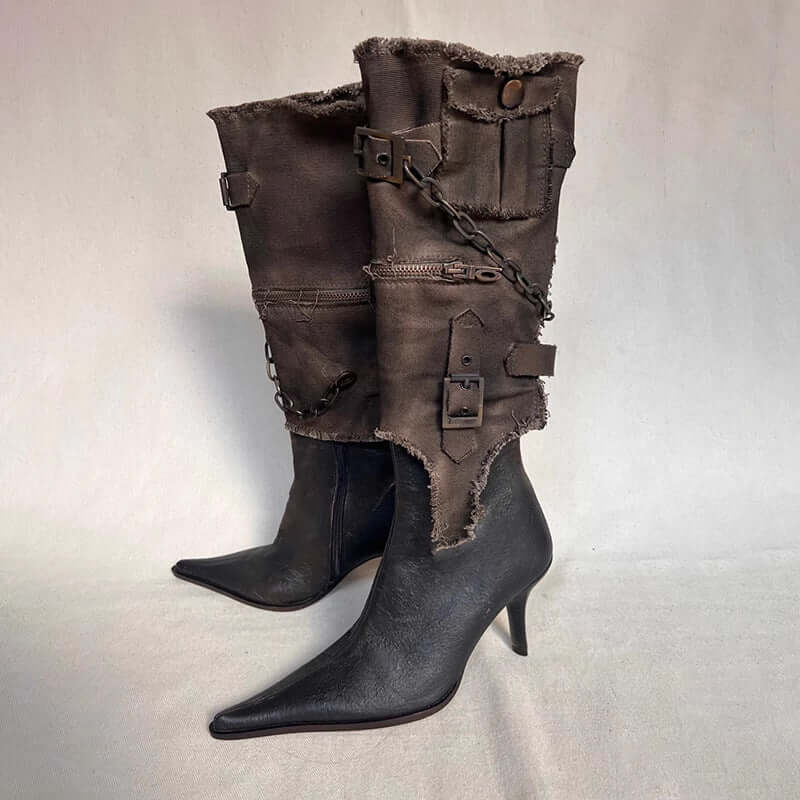 Stiletto Heel Cowgirl Boots in black with durable artificial PU, classic toe shape, high heels, and stylish buckle details.