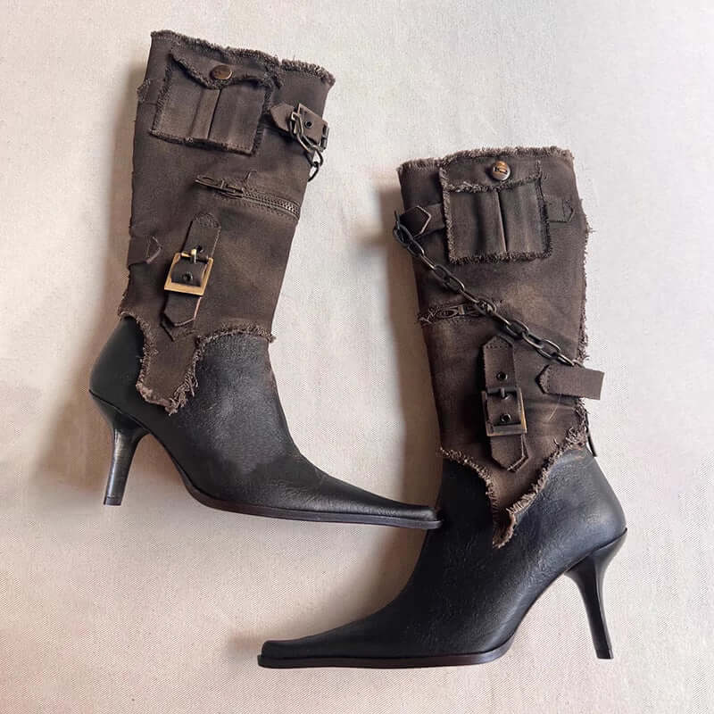 Stylish Stiletto Heel Cowgirl Boots in black with durable artificial PU material and classic tip shape, perfect for versatile styling.