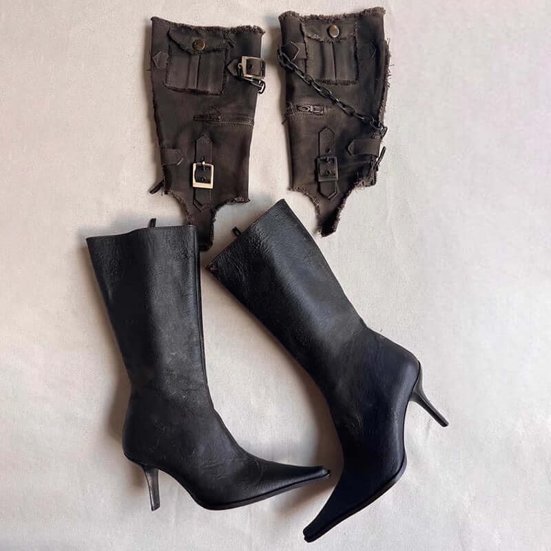 Black Stiletto Heel Cowgirl Boots with durable artificial PU, featuring a classic tip toe, shown with buckled sleeve accessories.