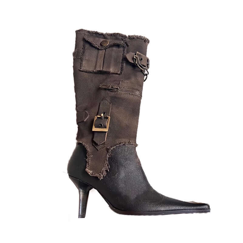 Classic black Stiletto Heel Cowgirl Boots with durable PU and buckle details, featuring a timeless tip-toe bracket design.