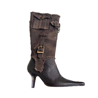 Classic black Stiletto Heel Cowgirl Boots with durable PU and buckle details, featuring a timeless tip-toe bracket design.