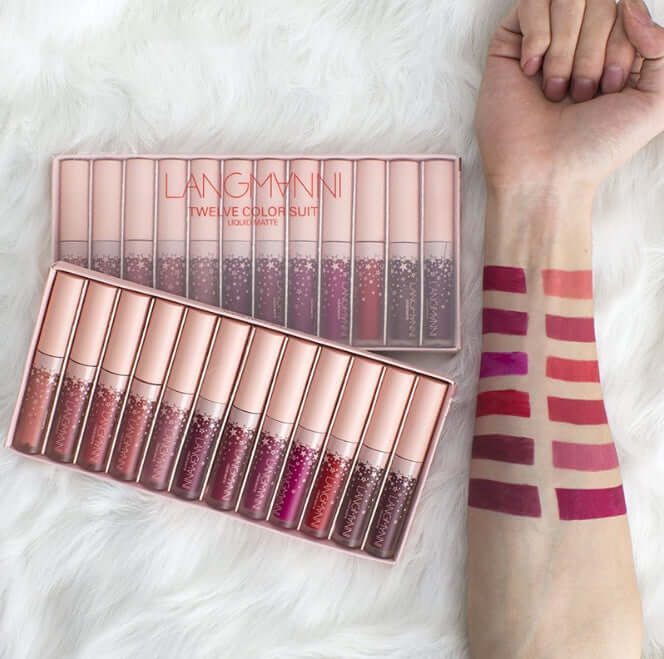 Lipsticks Matte Colors set featuring 12 waterproof shades with swatches on skin, showcasing rich matte finishes for long-lasting wear.