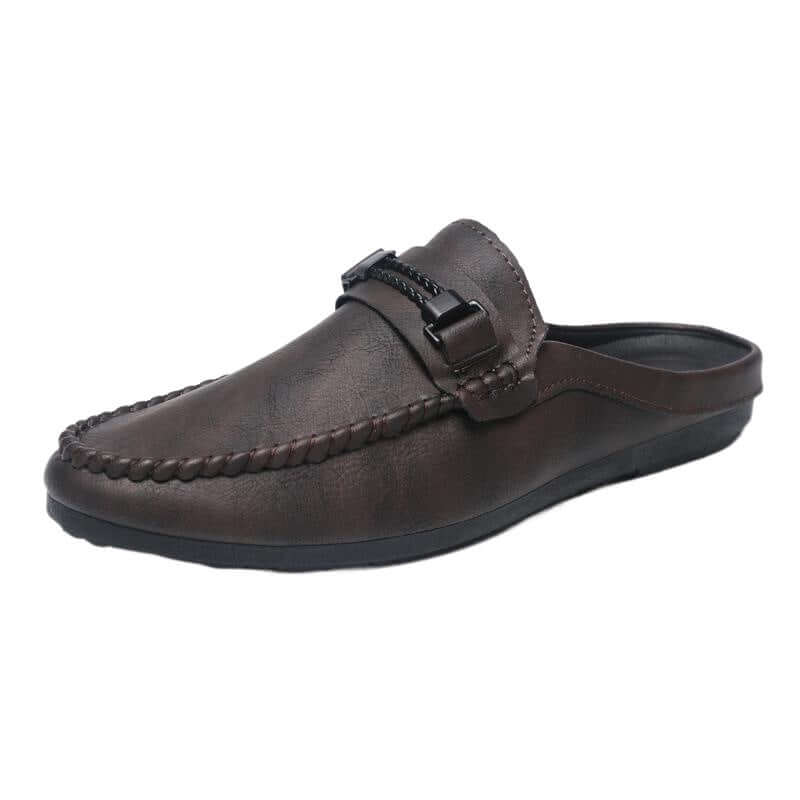Brown open heel loafers with rubber sole, perfect blend of style and comfort for any outfit, available in multiple sizes.