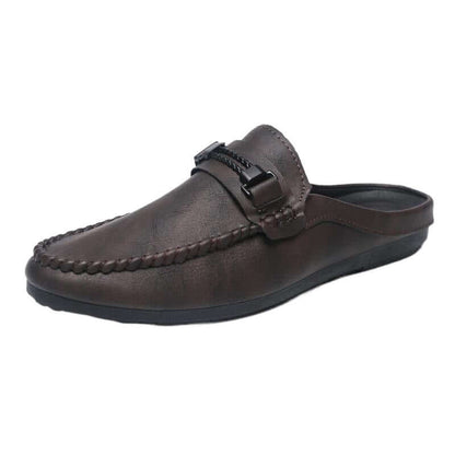 Brown open heel loafers with rubber sole, perfect blend of style and comfort for any outfit, available in multiple sizes.