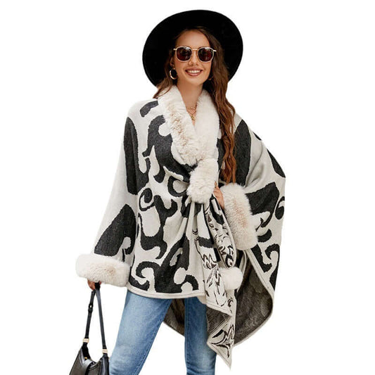 Stylish woman in a faux fur shawl with elegant patterns, showcasing warmth and sophistication.